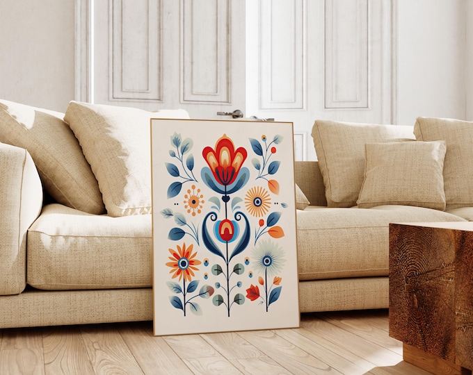 Featured listing image: Scandinavian Folk Art Flower Canvas Wall Art Print, Nordic Prints, Bedroom Living Room Home Decor, Norwegian Flower Art