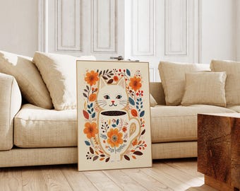 Scandinavian Folk Art Cat Canvas Wall Art Print, Nordic Print, Bedroom Living Room Cafe Kitchen Decor