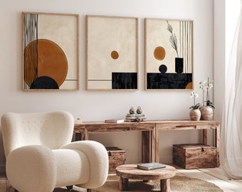 Modern Boho Framed Wall Art Set of 3 - Abstract Geometric Prints, Neutral Mid Century Decor, Burnt Orange & Black Art for Living Room