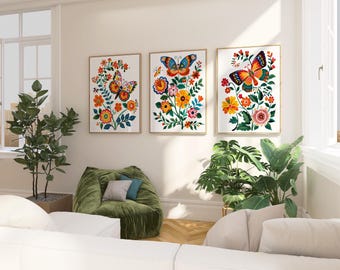 Mexican Folk Art Print Set of 3 - Colorful Butterfly & Floral Wall Art, Otomi Inspired Prints, Talavera Decor, Boho Home Decor
