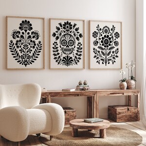 Folk Art Flower Canvas Print Set of 3, Bedroom Living Room Home Cafe Decor - Beige & Black Floral Skull Wall Art