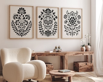 Folk Art Flower Canvas Print Set of 3, Bedroom Living Room Home Cafe Decor - Beige & Black Floral Skull Wall Art