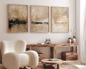 Neutral Abstract Canvas Wall Art Set of 3 - Beige and Black Modern Landscape Prints, Minimalist Triptych Art for Living Room Bedroom Decor