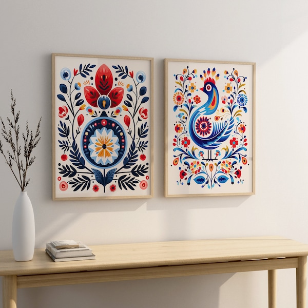 Norwegian Folk Art Floral Bird Print Set of 2, Nordic Wall Art, Bedroom Living Room Home Decor - Scandinavian Art, Hygge Wall Art