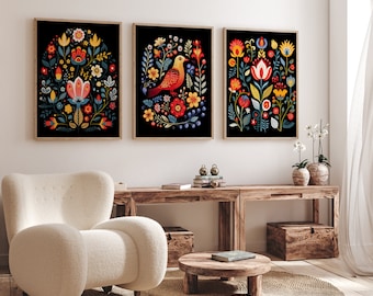 Scandinavian Folk Art Print Set of 3 - Nordic Floral & Bird Wall Art, Rosemaling Inspired Black Background Decor, Cozy Hygge Home