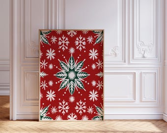 Christmas Snowflake Pattern Wall Art: Red and White Winter Print, Holiday Home Decor