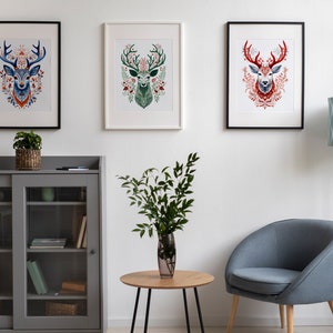 Scandinavian Folk Art Reindeer Wall Art Set of 3, Nordic Christmas ...