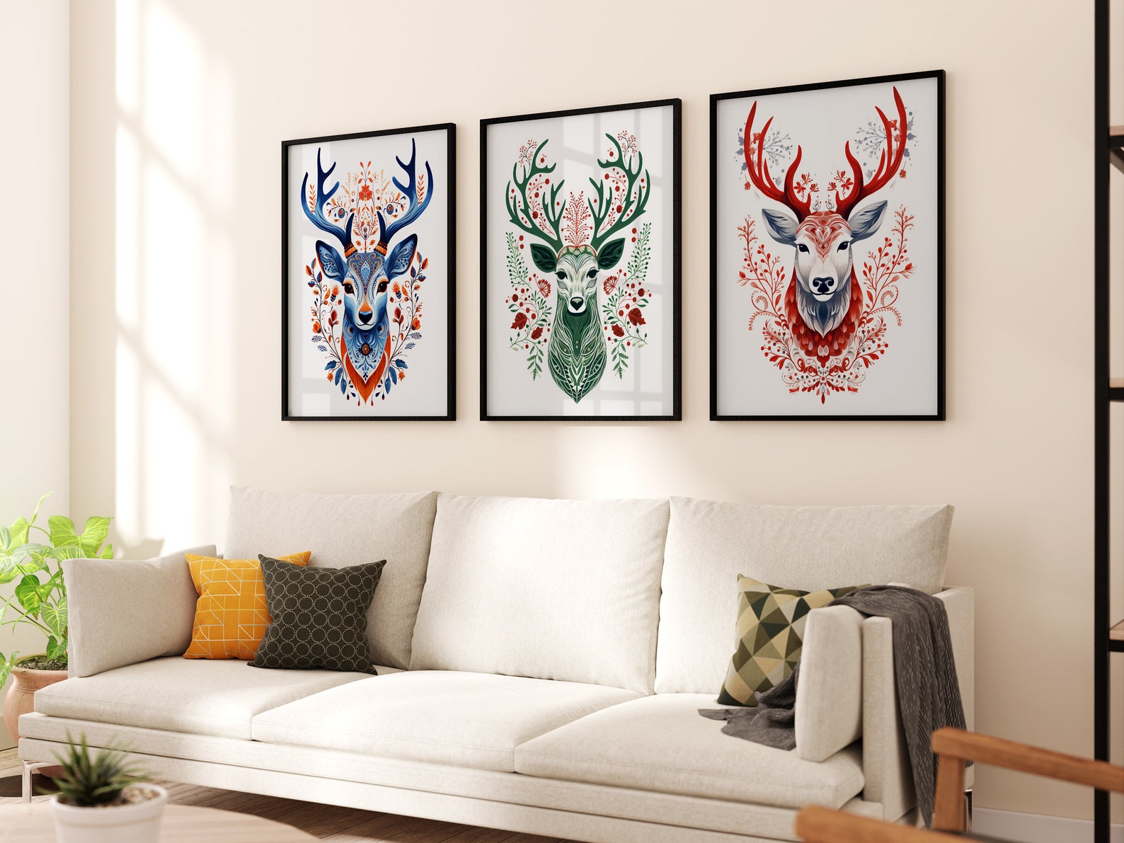 Scandinavian Folk Art Reindeer Wall Art Set of 3, Nordic Christmas ...