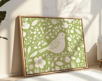 Scandinavian Folk Art Bird Canvas Wall Art Print, Green Abstract Floral Bird, Nordic Art, Home Living Room Decor