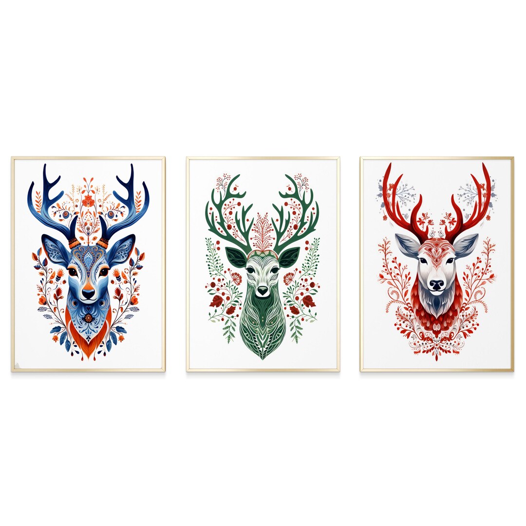 Scandinavian Folk Art Reindeer Canvas Wall Art Print Set of 3, Nordic ...