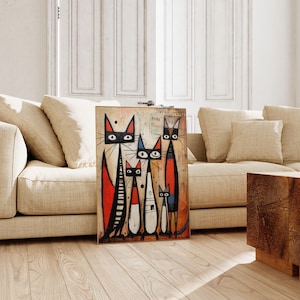 Abstrakte Katze Art Print - Moderne Katzenmalerei, wunderliche Katzengerahmte Wandkunst, Mid-Century Katzendekor, buntes Poster, Geschenk für Katzenliebhaber