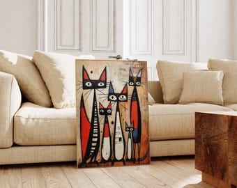 Abstract Cat Art Print - Modern Cat Painting, Whimsical Feline Framed Wall Art, Mid-Century Cat Decor, Colorful Poster, Gift for Cat Lovers