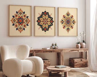 Traditional Mughal Motifs Indian Folk Art Canvas Wall Art Print Set of 3, Vintage Wall Art, Bedroom Living Room Home Mandala Decor