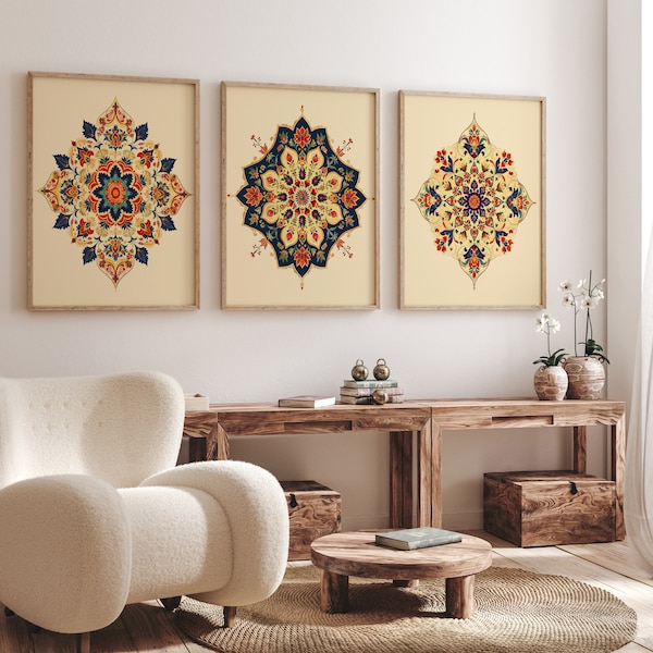Traditional Mughal Motifs Indian Folk Art Print Set of 3, Vintage Wall Art, Bedroom Living Room Home Mandala Decor