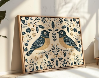 Scandinavian Folk Art Bird Print - Nordic Botanical Wall Art, Vintage Folk Illustration for Nature-Inspired Decor
