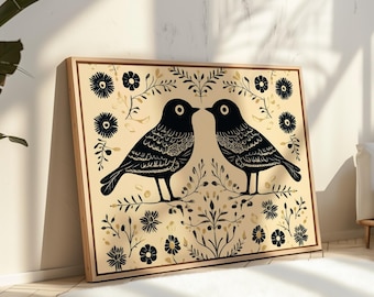 Scandinavian Folk Art Wall Art: Nordic Black Bird Wall Decor, Traditional Folk Floral Print, Minimalist Home Decor