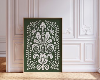 Scandinavian Folk Art White Sage Green Flower Canvas Wall Art Print, Nordic Prints, Bedroom Living Room Home Decor, Norwegian Flower Art