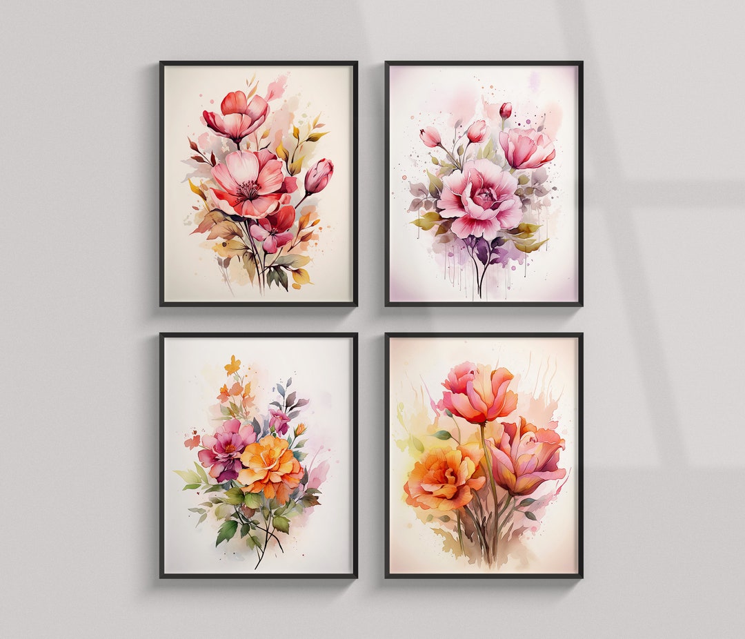 Watercolor Flowers Printable Wall Art Set of 4, Home Decor, Digital ...