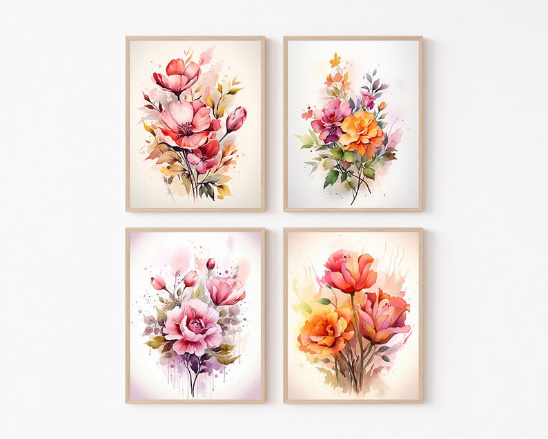 Watercolor Flowers Printable Wall Art Set of 4, Home Decor, Digital ...