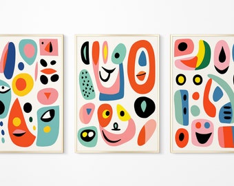 Abstract Face Wall Art Set of 3 - Colorful Modern Prints, Mid Century Modern Wall Decor, Playful Geometric Artwork, Boho Living Room Art