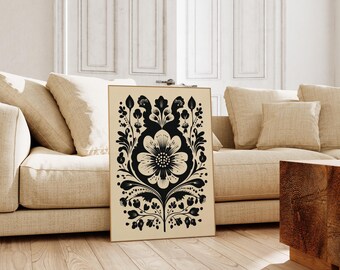 Scandinavian Folk Art Wall Art: Black and Beige Botanical Floral Print for Minimalist Nordic Decor