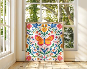 Mexican Folk Art Wall Art: Colorful Butterfly and Floral Botanical Print for Home Decor