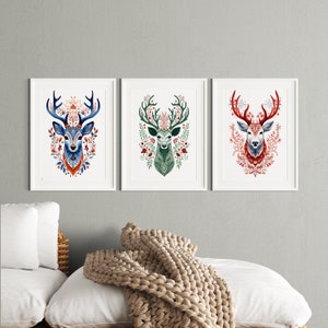 Image showcasing Scandinavian Folk Art Reindeer Wall Art Set of 3, Nordic Christmas ...