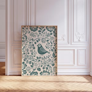 Impresión de aves de arte popular escandinavo: arte mural floral nórdico, póster y lienzo botánico rústico, decoración hygge, obra de arte natural vintage