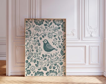 Scandinavian Folk Art Bird Print - Nordic Floral Wall Art, Rustic Botanical Poster & Canvas, Hygge Decor, Vintage Nature Artwork
