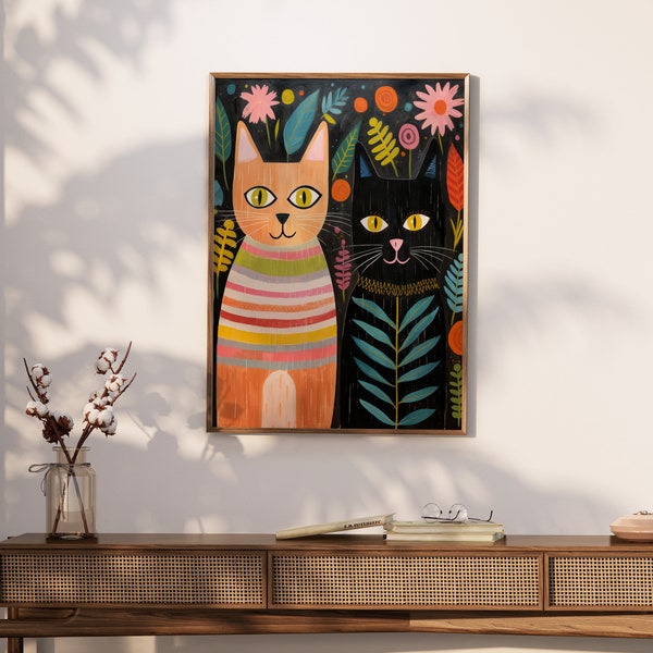 Scandinavian Folk Art Cats , Abstract Cats, Nordic Art, Home Decor, Digital Printable Download -