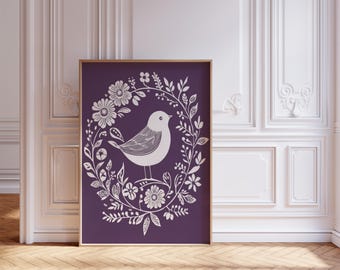 Scandinavian Folk Art Bird Canvas Wall Art Print, Purple Abstract Floral Bird, Nordic Art, Home Living Room Decor