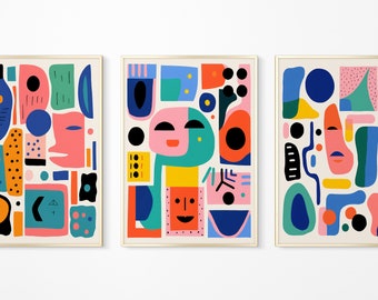 Colorful Abstract Canvas Wall Art Print, Shapes Art Prints, Bedroom Living Room Home Decor, Minimalist Modern Smiley Art