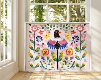 Scandinavian Folk Bird Wall Art: Pink Nordic Floral Illustration Print