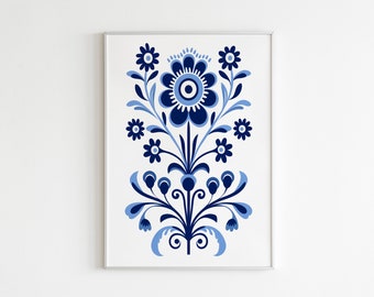 Scandinavian Folk Art Blue Flower Canvas Wall Art Print, Nordic Prints, Bedroom Living Room Home Decor, Norwegian Flower Art