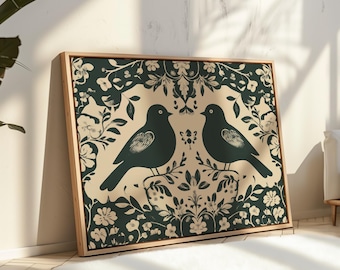 Scandinavian Folk Art Bird Print - Nordic Floral Wall Art, Vintage Nature Illustration, Rustic Hygge Home Decor