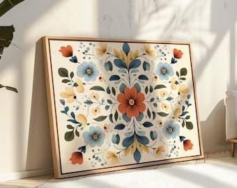 Scandinavian Floral Folk Art Print - Nordic Botanical Wall Art, Rosemaling-Inspired Illustration, Hygge Home Decor