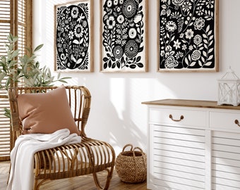 Scandinavian Folk Art Print Set of 3 - Black & White Floral Wall Art, Nordic Botanical Prints, Boho Home Decor, Modern Folk Art