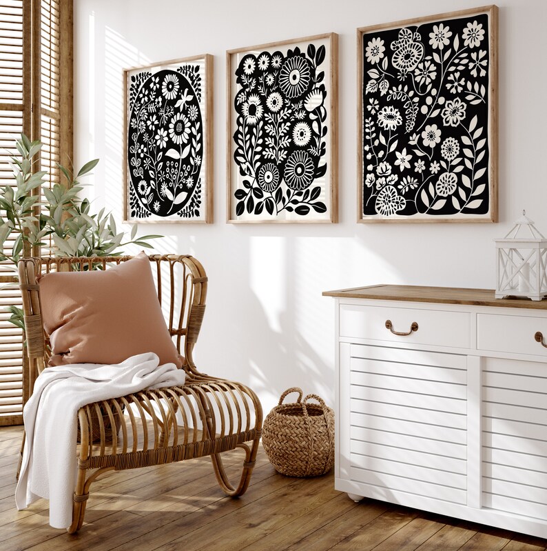 Scandinavian Folk Art Print Set of 3 - Black & White Floral Wall Art ...