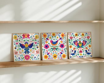 Mexican Folk Art Wall Art Set of 3: Colorful Bird and Floral Boho Prints