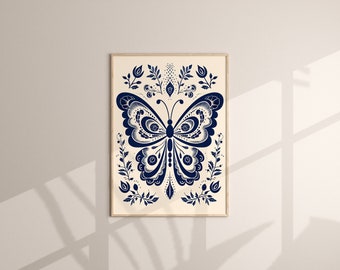 Scandinavian Folk Art Floral Butterfly Navy Blue Canvas Wall Art Print, Nordic Print, Bedroom Living Room Home Decor