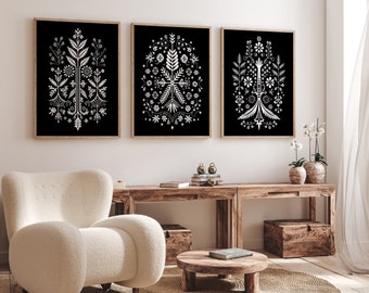 Black & White Scandinavian Folk Art Print Set of 3 - Nordic Wall Art, Floral Botanical Art, Hygge Home Decor, Modern Folk Illustration