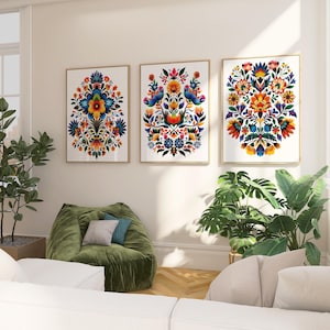 Mexikanischer Kunstdruck 3er-Set - Bunte Otomi-Wandkunst, lebendige Blumenkunst, gerahmte Leinwand, Boho-Dekor für Wohnzimmer, Schlafzimmer, Büro