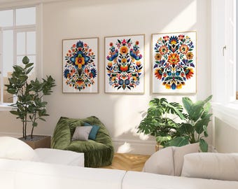 Mexican Folk Art Print Set of 3 - Colorful Otomi Wall Art, Vibrant Floral Art, Framed Canvas, Boho Decor for Living Room, Bedroom, Office