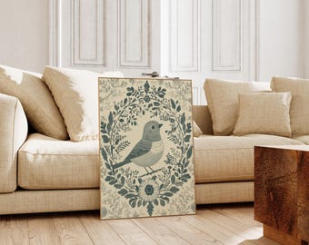 Scandinavian Folk Art Bird Print - Nordic Floral Wall Art, Rustic Nature Illustration, Cottagecore Decor, Vintage Style Bird Artwork