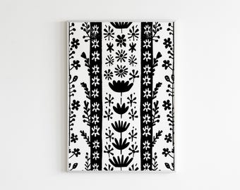 Scandinavian Floral Folk Art Canvas Wall Art Print, Nordic Prints, Bedroom Living Room Home Decor, Black & White Norwegian Art