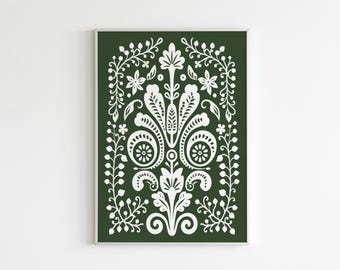 Scandinavian Folk Art White Sage Green Flower Canvas Wall Art Print, Nordic Prints, Bedroom Living Room Home Decor, Norwegian Flower Art
