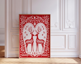 Christmas Reindeer Wall Art: Red and White Folk-Inspired Print, Holiday Winter Decor