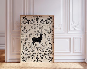 Floral Wanderer | Nordic Folk Deer Print, Scandinavian Wall Art, Floral Stag Illustration, Cozy Nature-Inspired Decor, Rustic Hygge Vibes