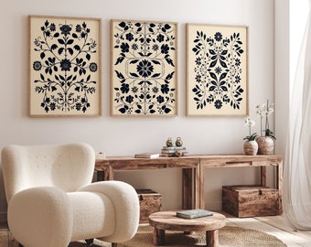 Nordic Folk Art Print Set of 3 - Scandinavian Floral Wall Art in Black & Beige, Botanical Home Decor, Rustic Hygge Style Prints