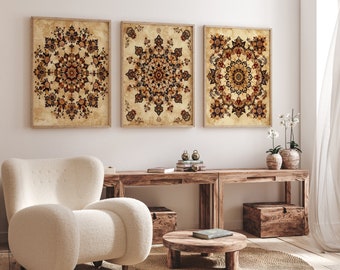 Vintage Mandala Art Prints Set of 3, Bedroom Living Room Home Decor, Floral Minimalist Beige & Brown Canvas Wall Art